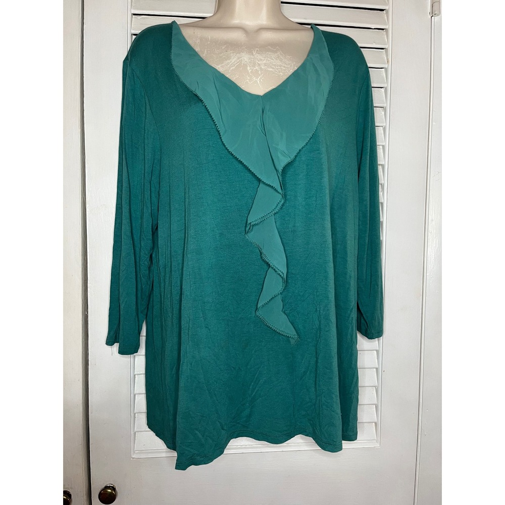 Coldwater Creek Ruffle V-Neck 3/4 Sleeve Top Blouse  Green Plus Size 1X